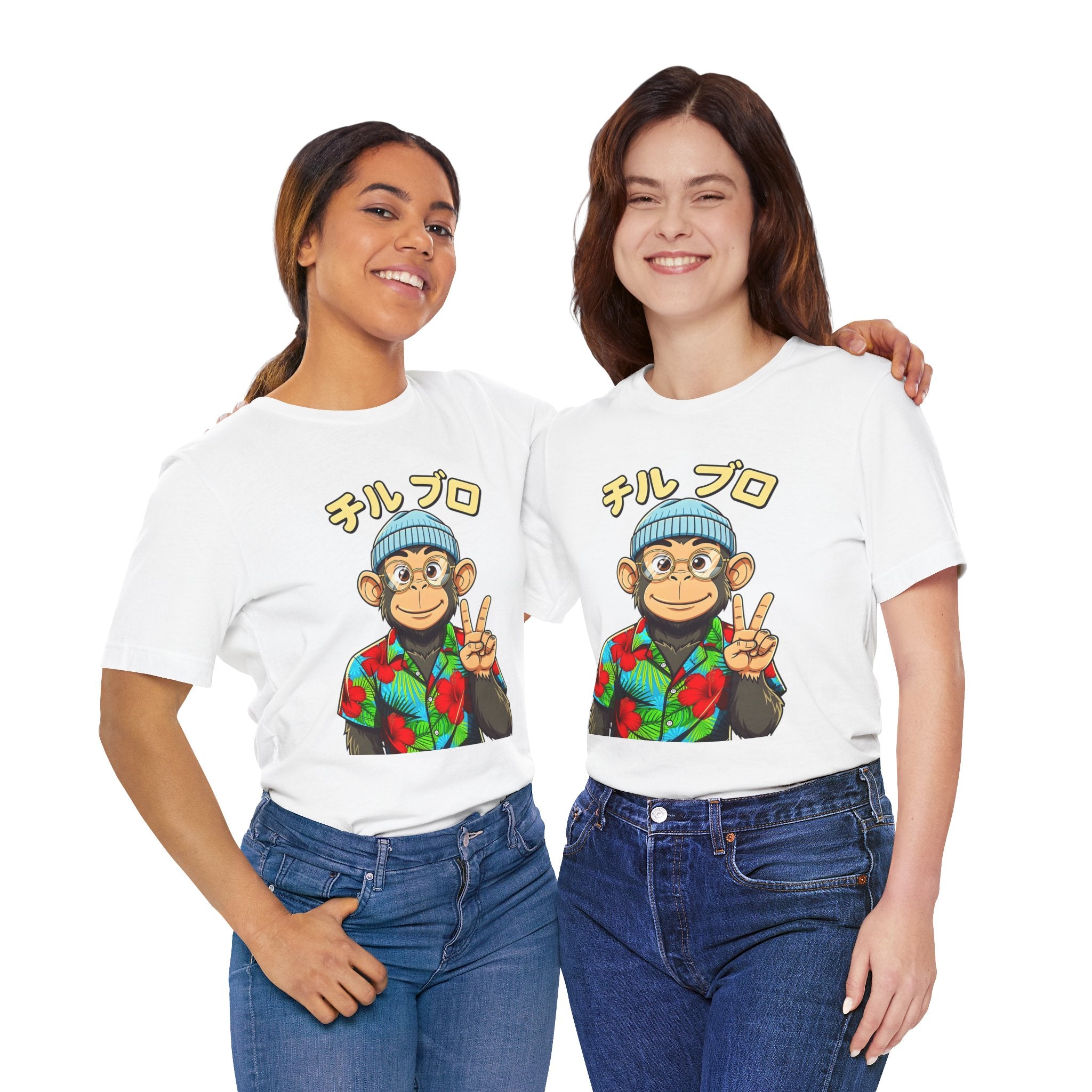 Monkey Peace Sign Tee — Hawaiian Shirt Chimp Graphic with Japanese Text
