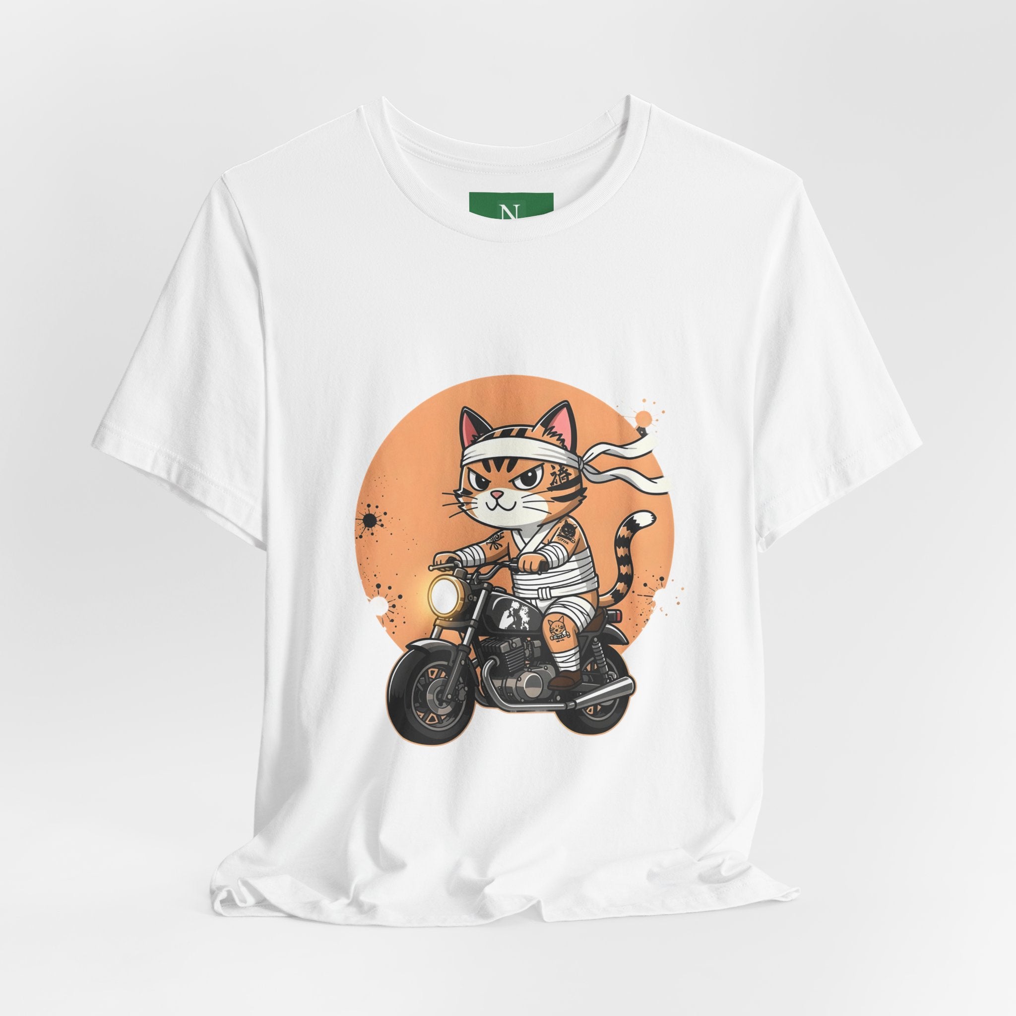 Retro Biker Cat T‑Shirt — Cute Motorcycle Cat Graphic Tee