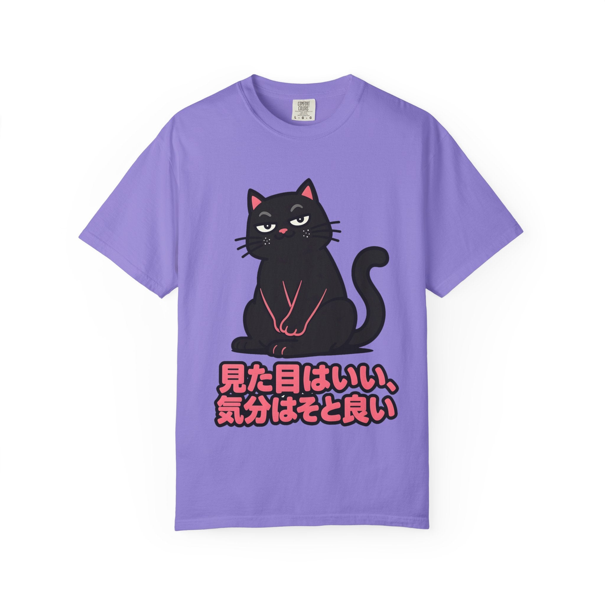 Cat Graphic T-Shirt — Black Cat with Japanese Text (見た目はいい、気分はそと良い)