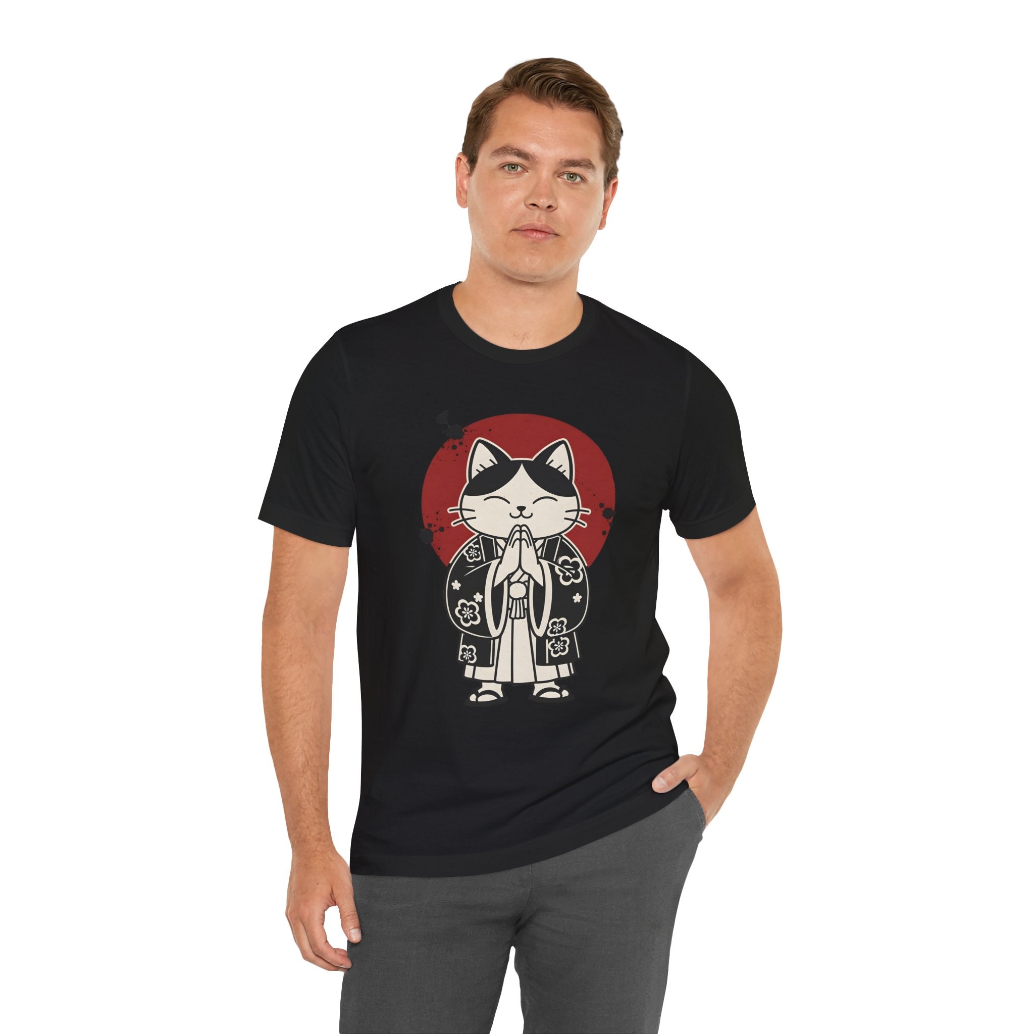 Samurai Cat T‑Shirt — Cute Praying Cat with Red Sun Graphic