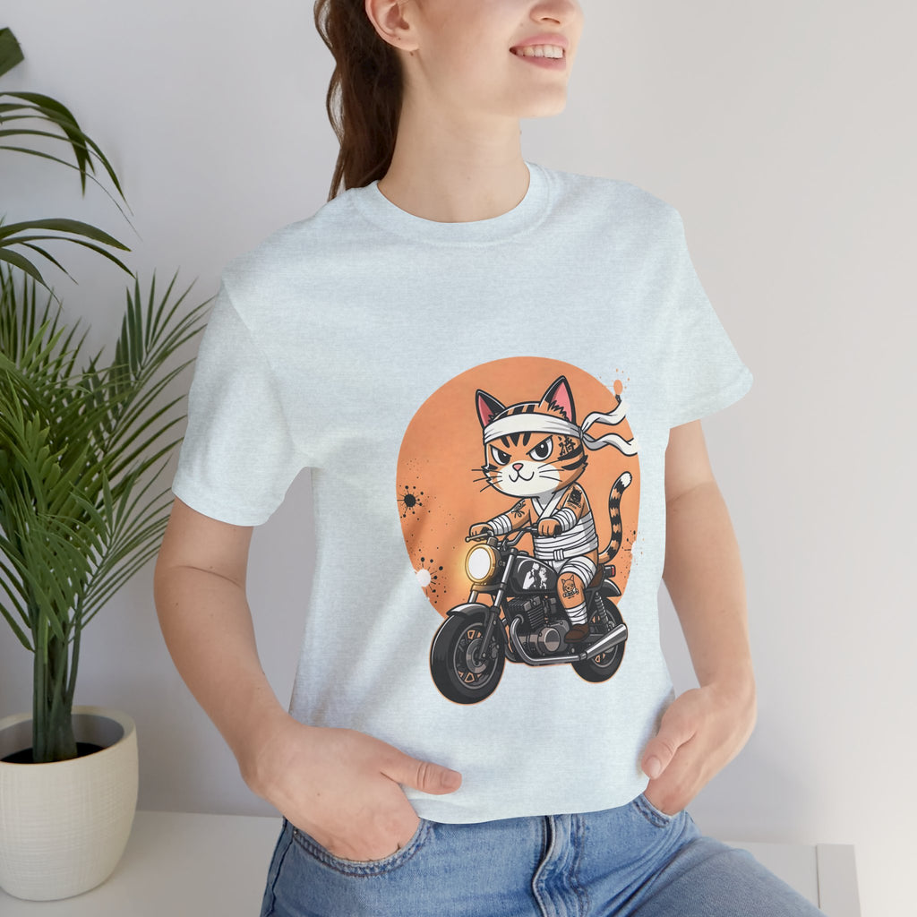 Retro Biker Cat T‑Shirt — Cute Motorcycle Cat Graphic Tee
