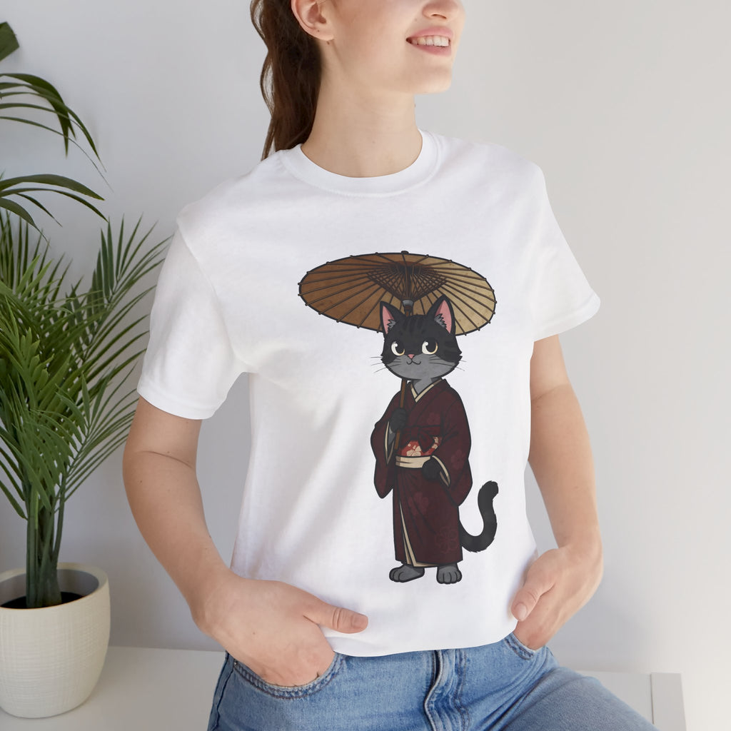Geisha Cat Tee — Japanese Umbrella Cat Graphic T-Shirt