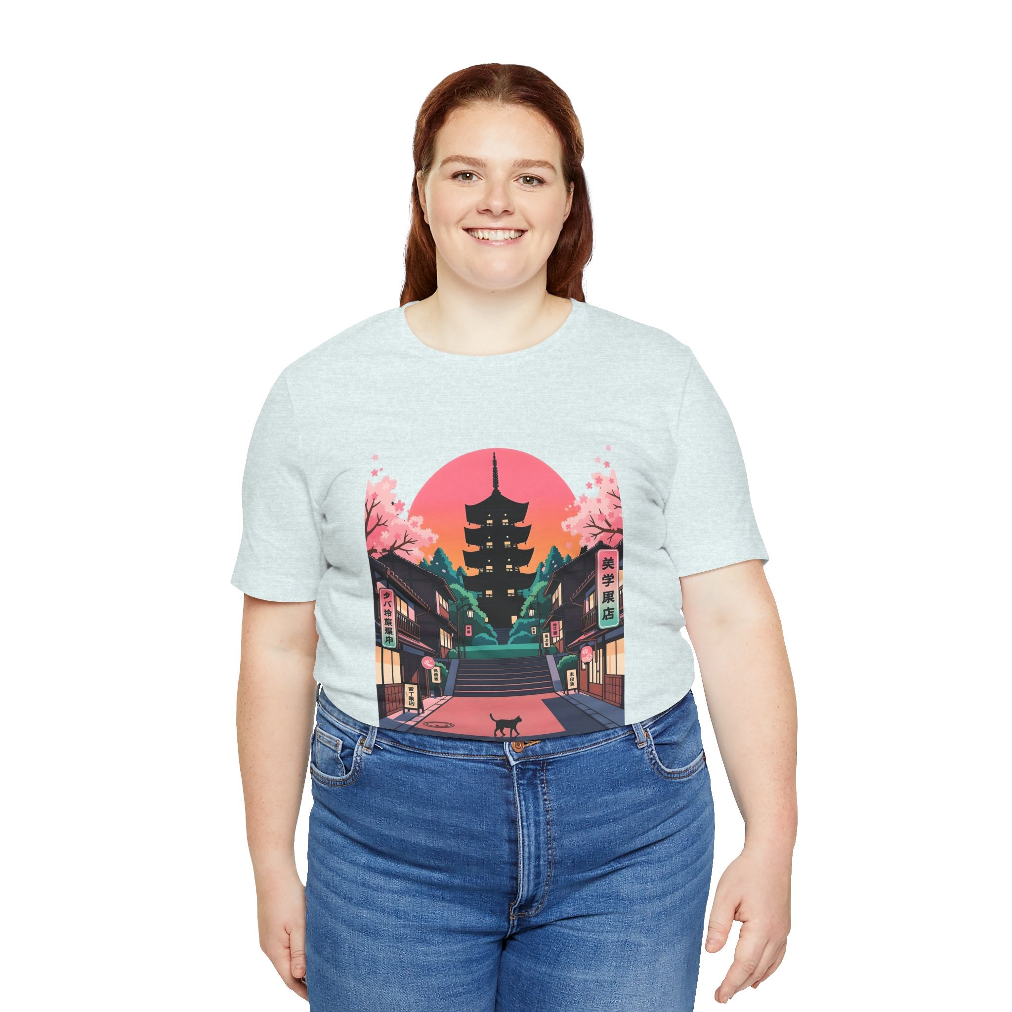 Japanese Pagoda Sunset Tee — Sakura Street Cat Graphic T-Shirt
