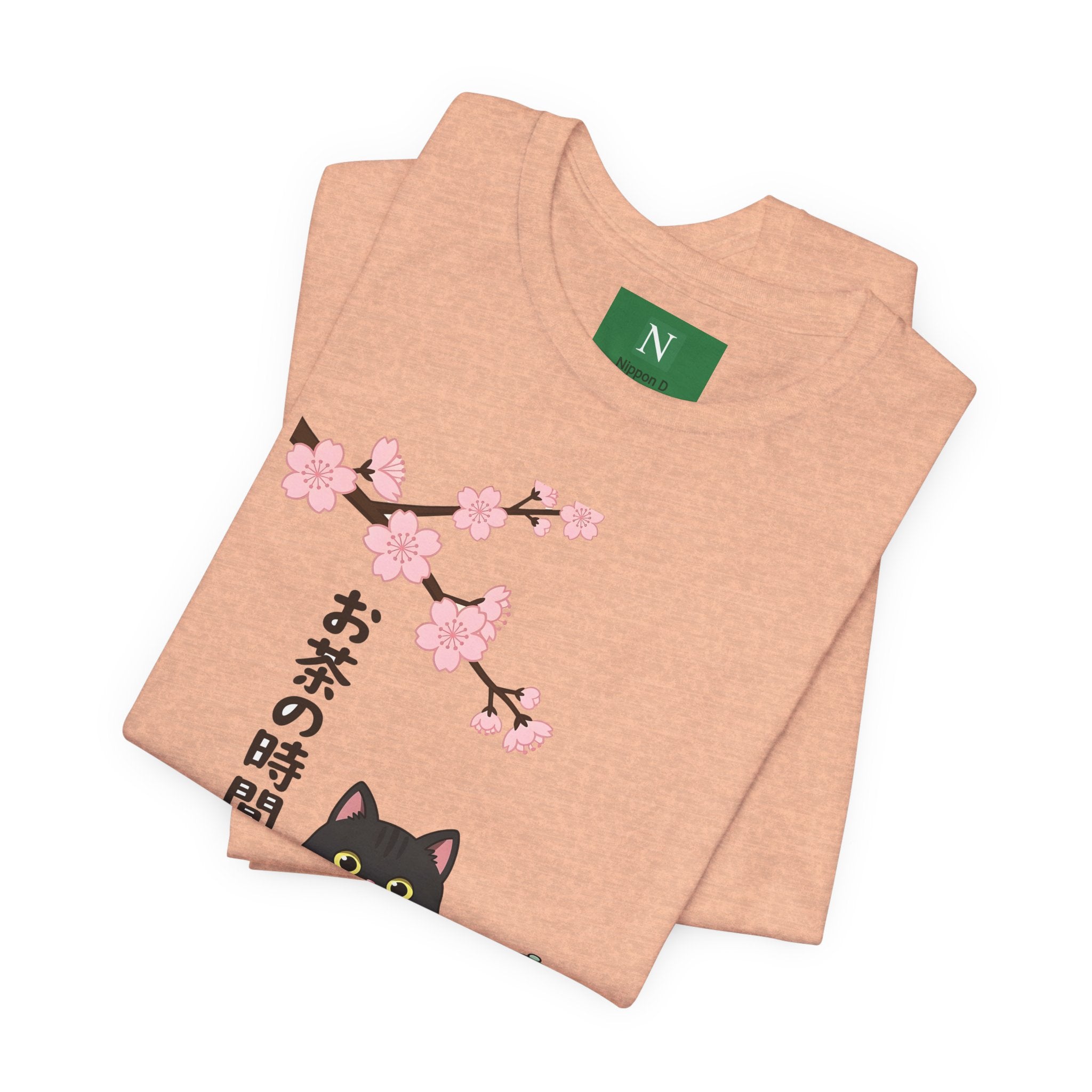 Cat Tea Time T-Shirt — Kawaii Black Cat with Sakura and Teapot