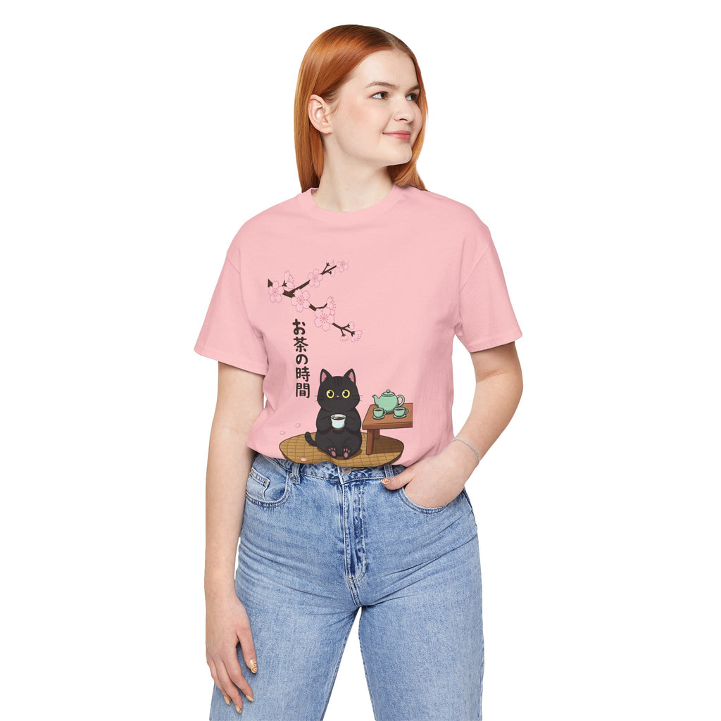 Cat Tea Time T-Shirt — Kawaii Black Cat with Sakura and Teapot