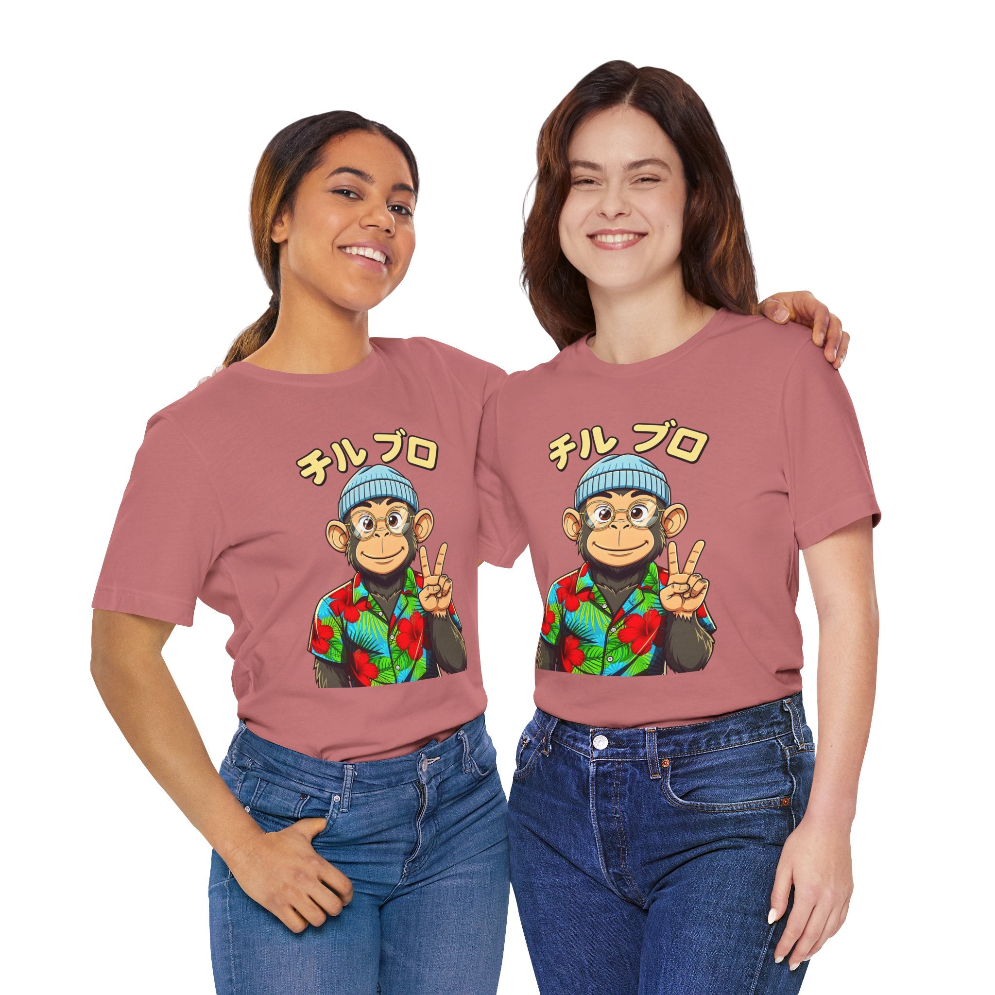 Monkey Peace Sign Tee — Hawaiian Shirt Chimp Graphic with Japanese Text