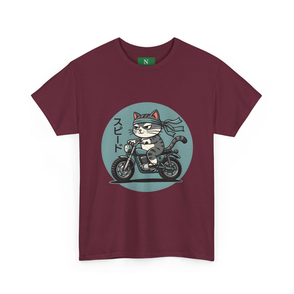 Cat Biker T‑Shirt — Retro Motorcycle Cat with Japanese “Speed” Text