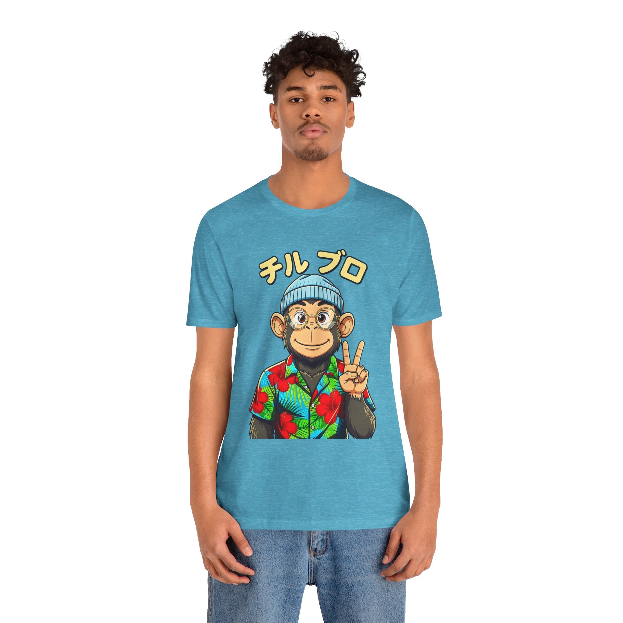 Monkey Peace Sign Tee — Hawaiian Shirt Chimp Graphic with Japanese Text