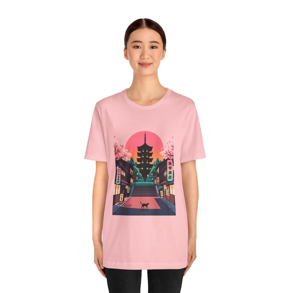 Japanese Pagoda Sunset Tee — Sakura Street Cat Graphic T-Shirt