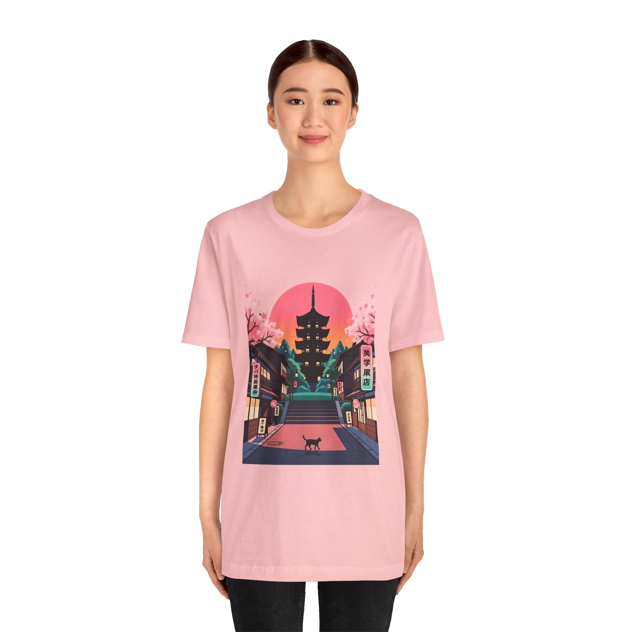 Japanese Pagoda Sunset Tee — Sakura Street Cat Graphic T-Shirt