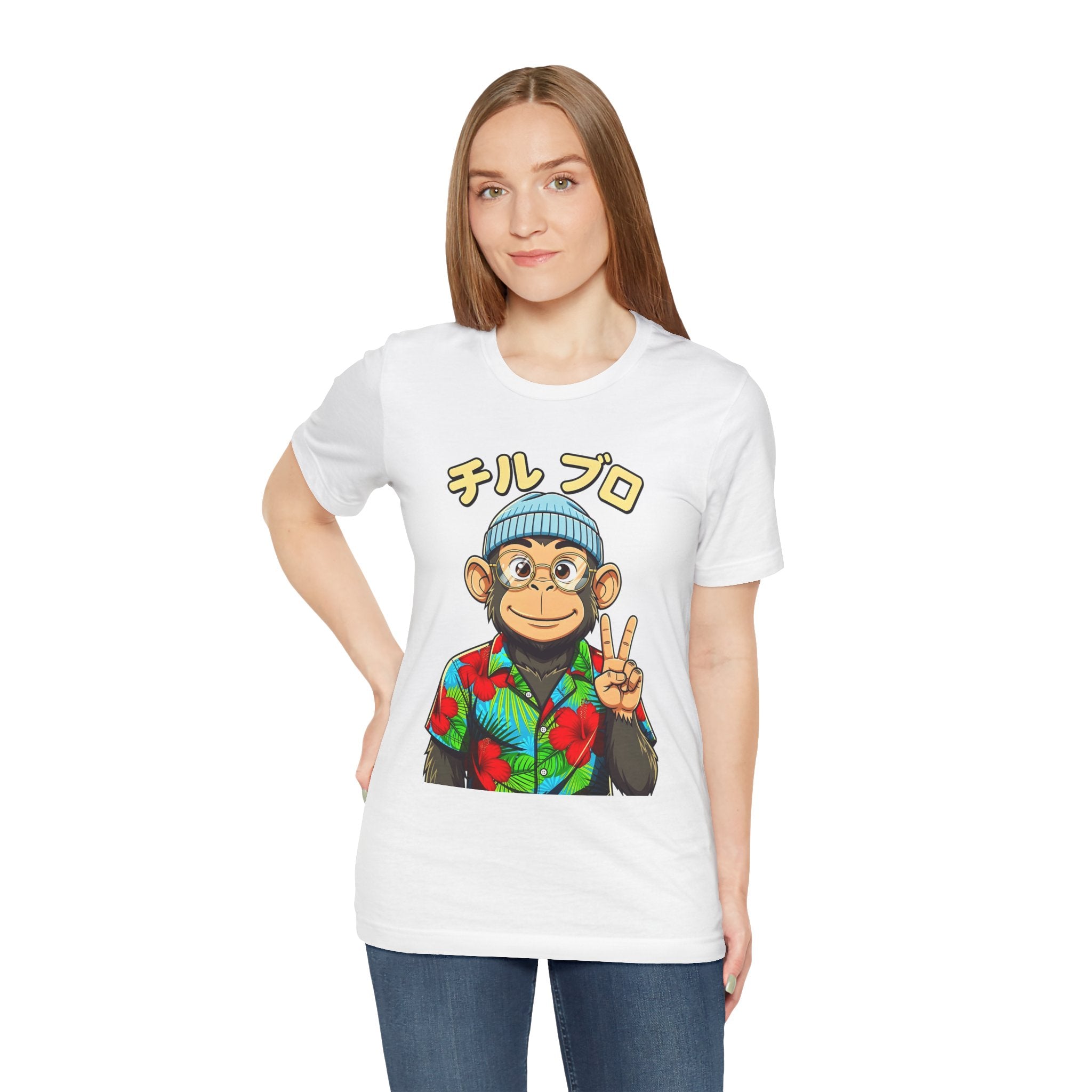 Monkey Peace Sign Tee — Hawaiian Shirt Chimp Graphic with Japanese Text