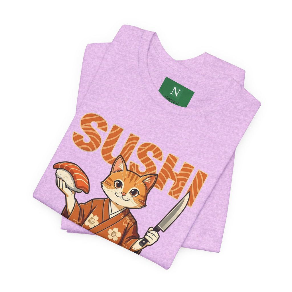Sushi Cat Graphic Tee — Cute Samurai Cat Holding Sushi & Knife