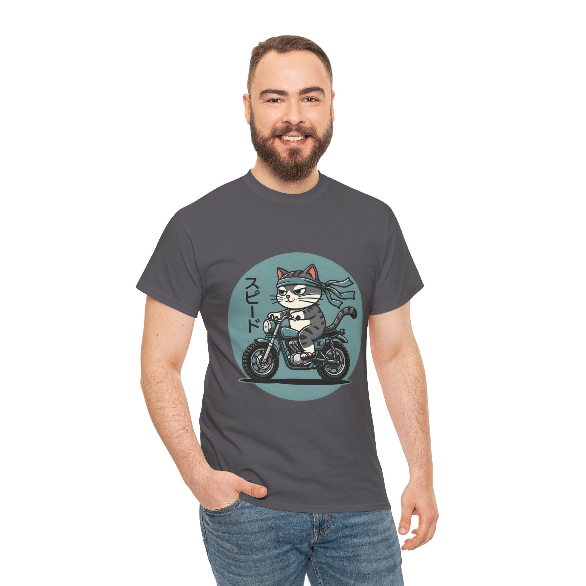 Cat Biker T‑Shirt — Retro Motorcycle Cat with Japanese “Speed” Text