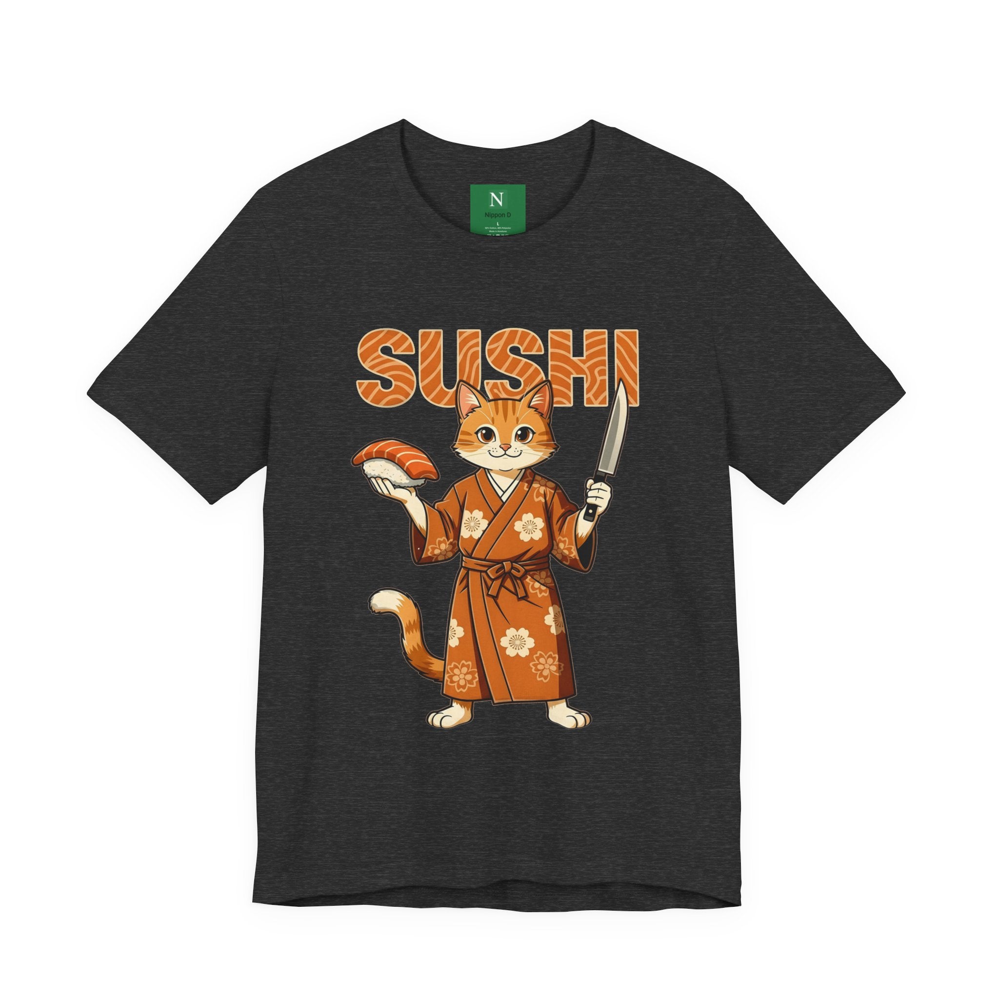 Sushi Cat Graphic Tee — Cute Samurai Cat Holding Sushi & Knife