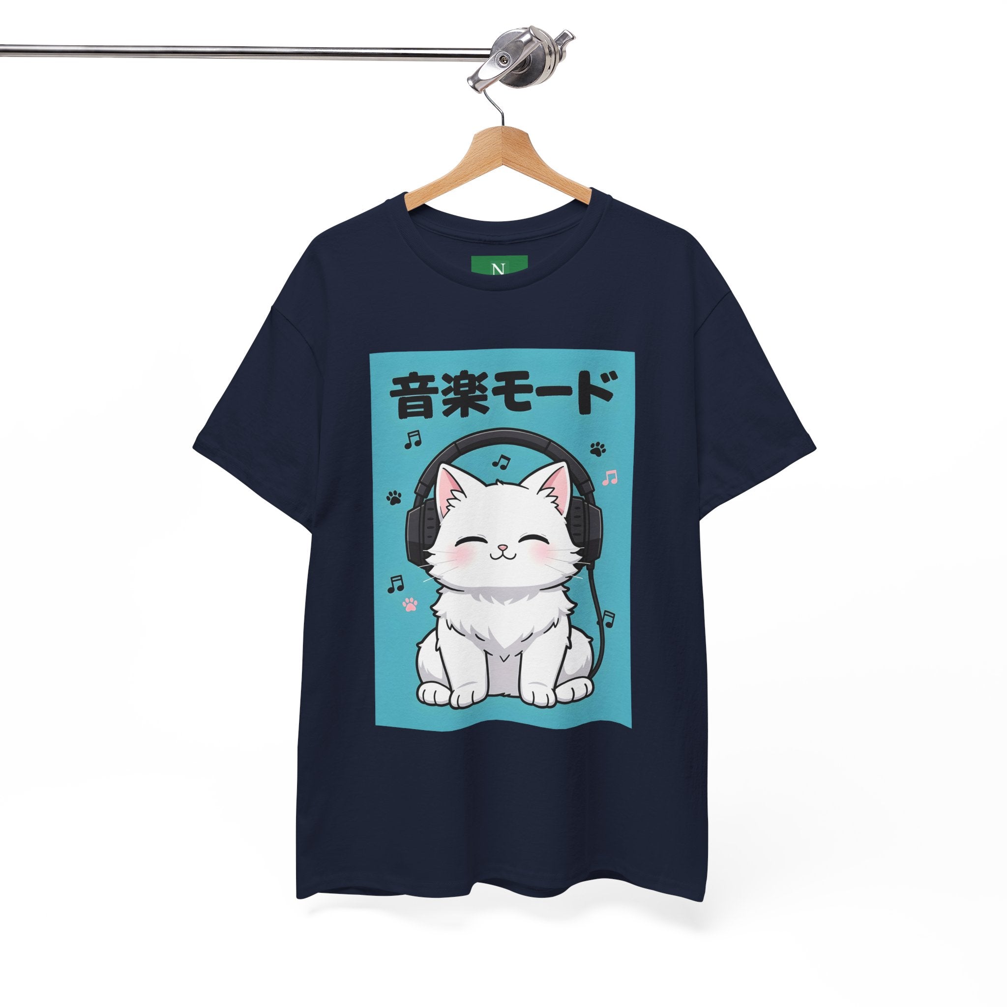 Music Mode Cat T-Shirt — Cute Headphone Kitten Tee (Japanese Text)