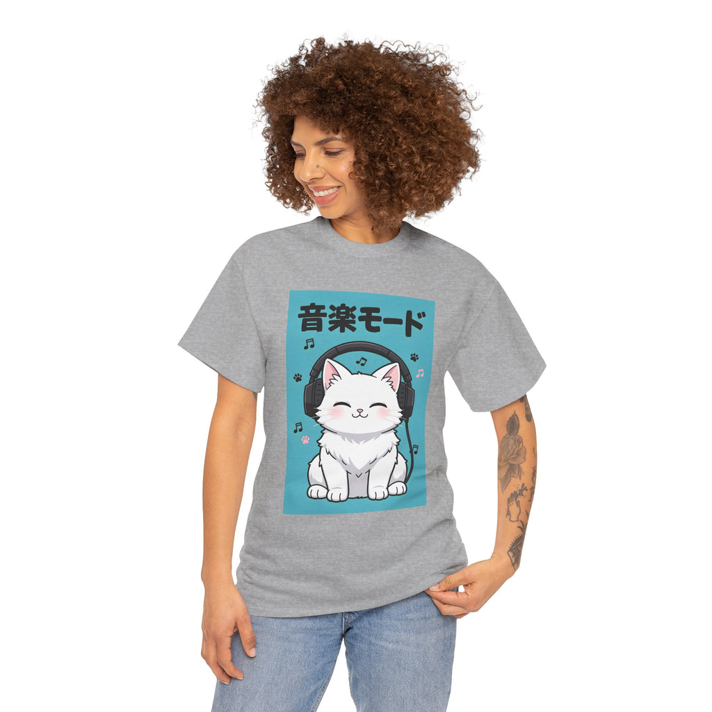 Music Mode Cat T-Shirt — Cute Headphone Kitten Tee (Japanese Text)