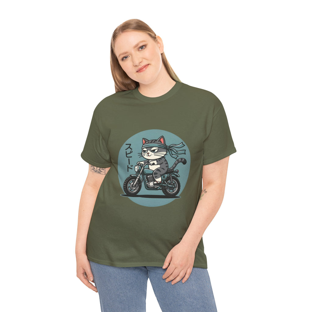 Cat Biker T‑Shirt — Retro Motorcycle Cat with Japanese “Speed” Text