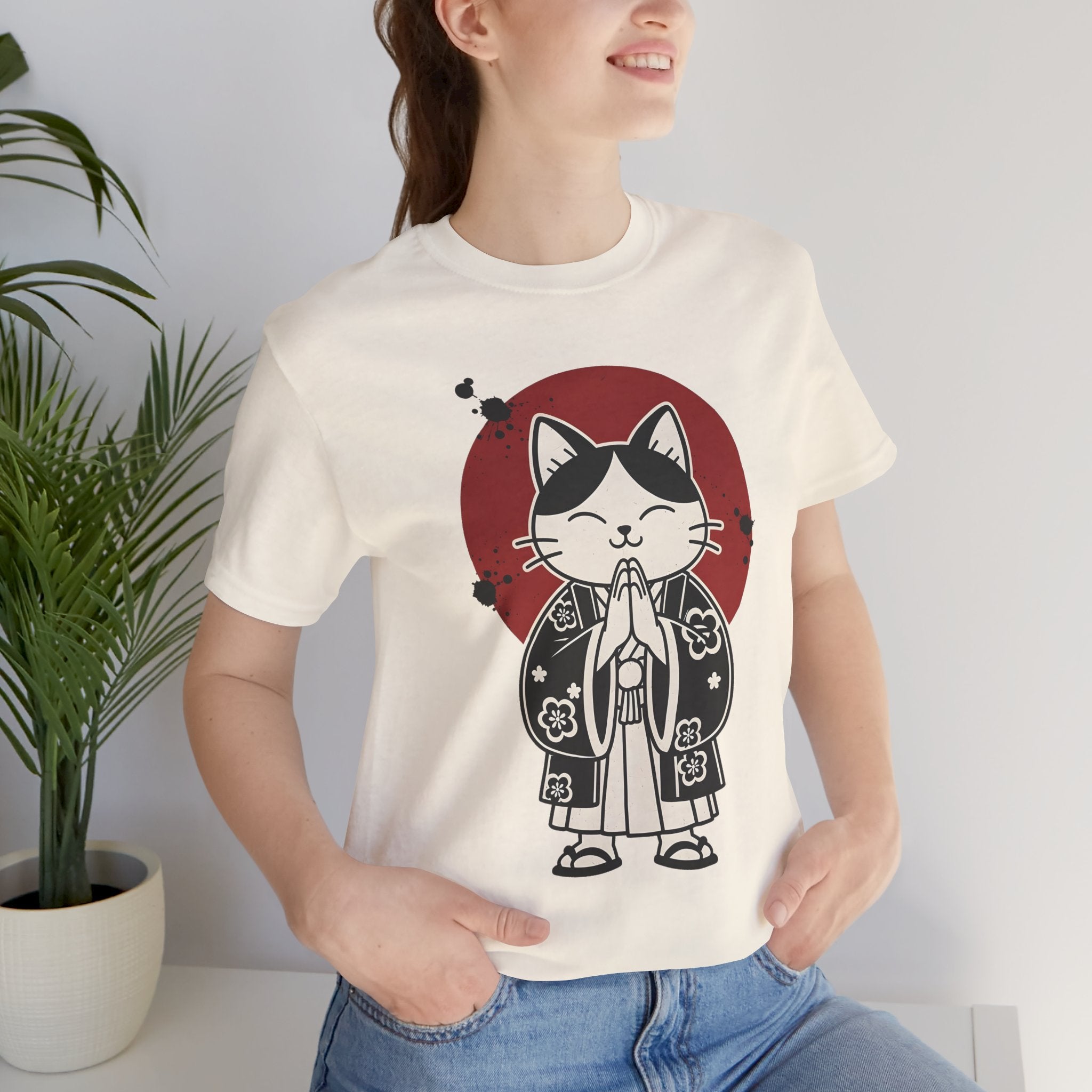 Samurai Cat T‑Shirt — Cute Praying Cat with Red Sun Graphic