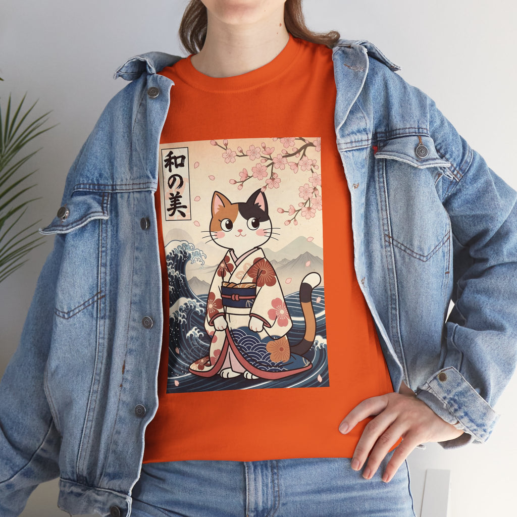 Cat Ukiyo-e T-Shirt — Vintage Japanese Kimono Cat with Cherry Blossoms