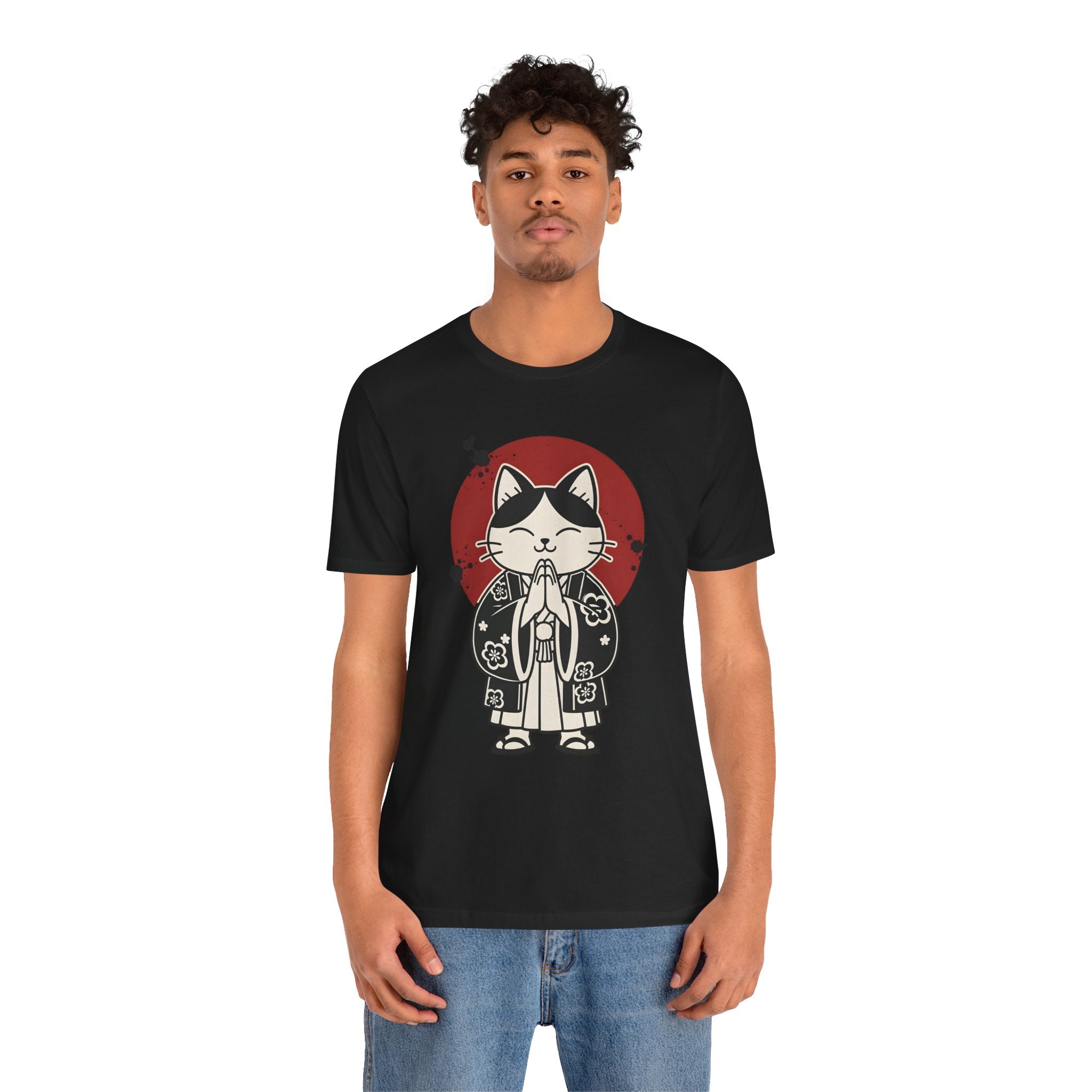 Samurai Cat T‑Shirt — Cute Praying Cat with Red Sun Graphic