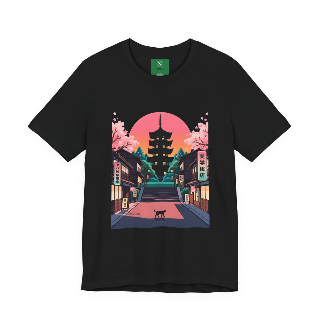 Japanese Pagoda Sunset Tee — Sakura Street Cat Graphic T-Shirt