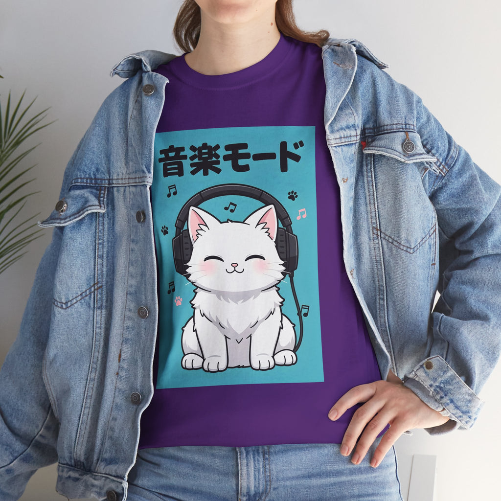 Music Mode Cat T-Shirt — Cute Headphone Kitten Tee (Japanese Text)