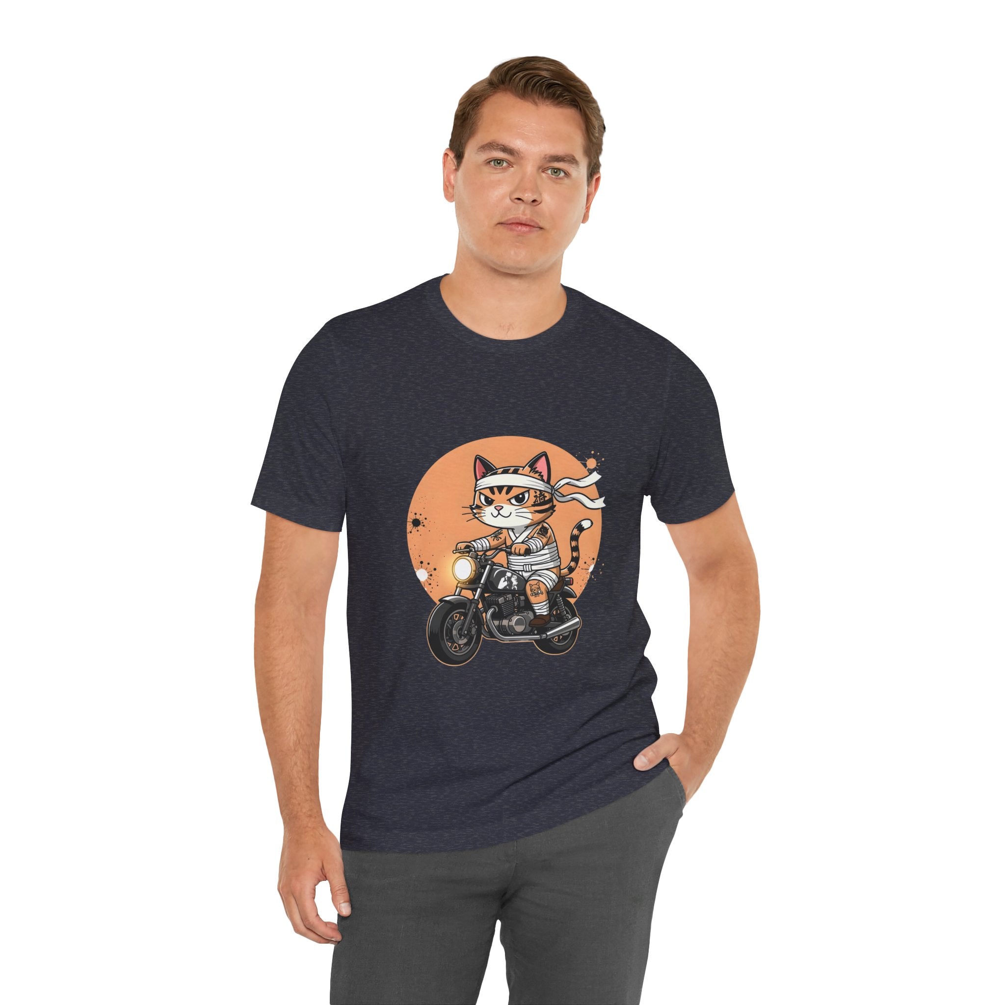 Retro Biker Cat T‑Shirt — Cute Motorcycle Cat Graphic Tee