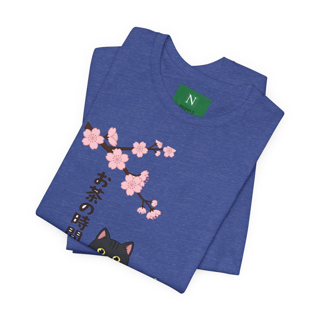 Cat Tea Time T-Shirt — Kawaii Black Cat with Sakura and Teapot