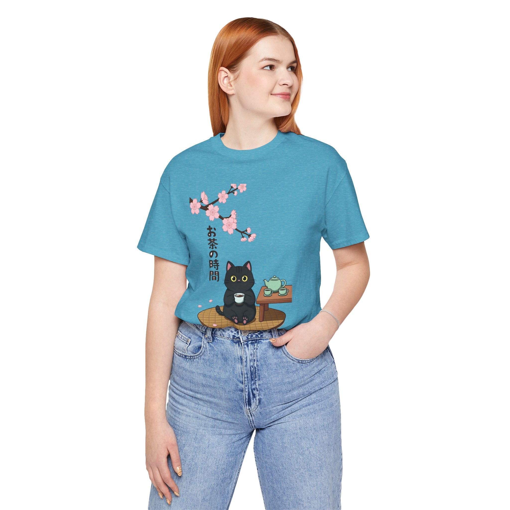 Cat Tea Time T-Shirt — Kawaii Black Cat with Sakura and Teapot