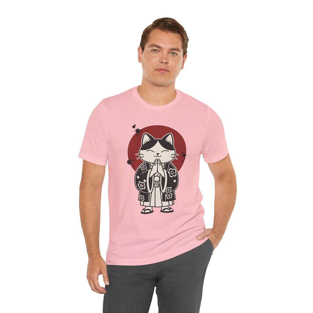 Samurai Cat T‑Shirt — Cute Praying Cat with Red Sun Graphic
