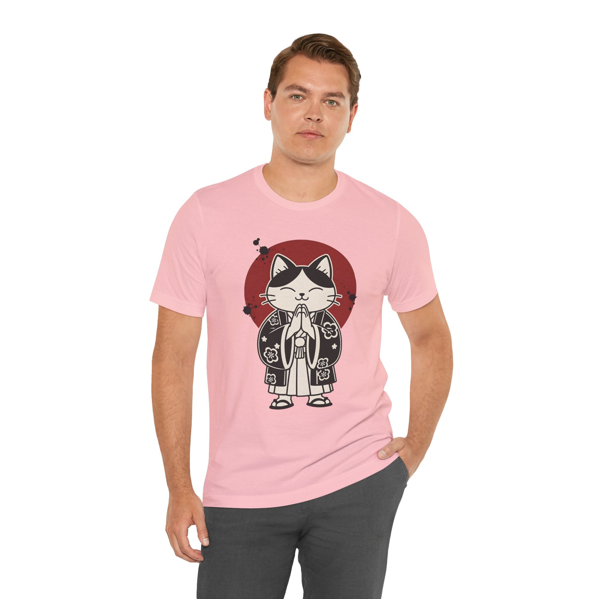 Samurai Cat T‑Shirt — Cute Praying Cat with Red Sun Graphic