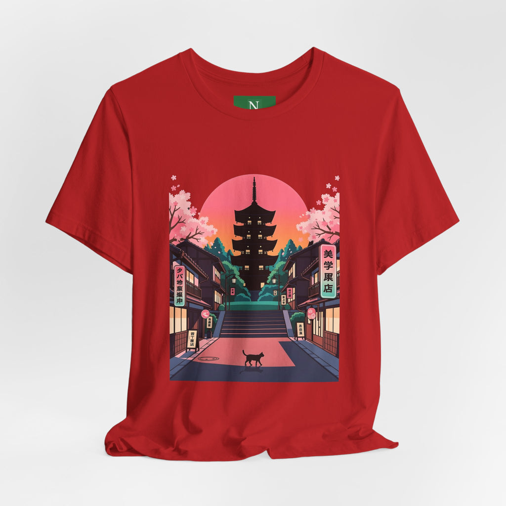Japanese Pagoda Sunset Tee — Sakura Street Cat Graphic T-Shirt