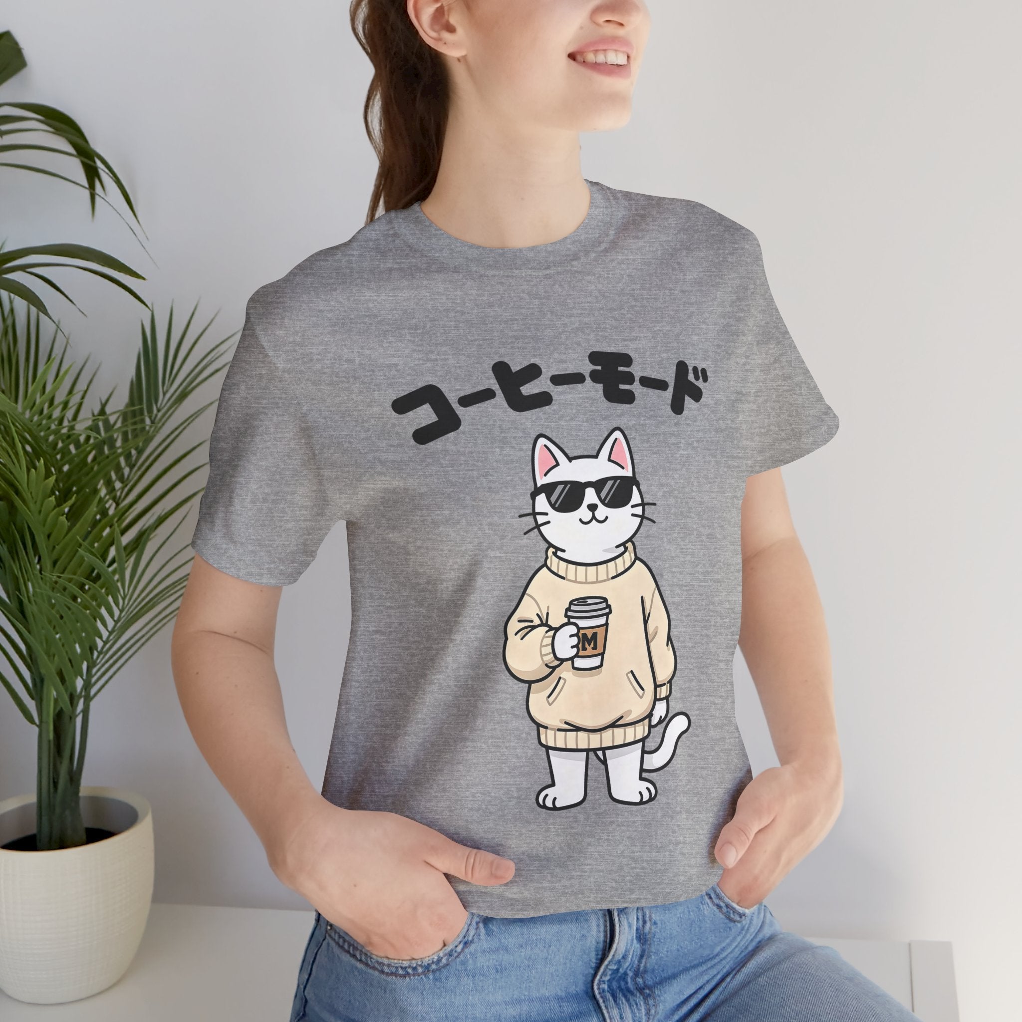 Coffee Mode Cat Tee — Cute Japanese Cat Holding Coffee T-Shirt