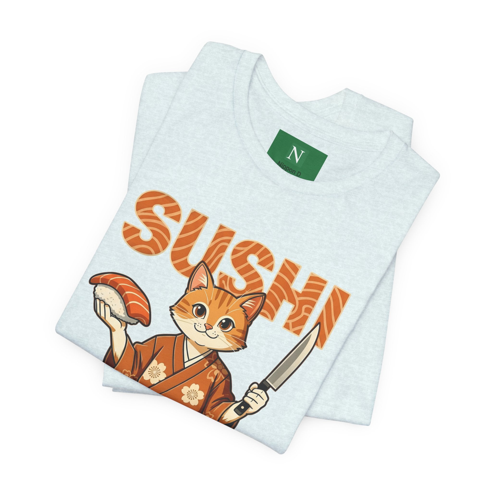 Sushi Cat Graphic Tee — Cute Samurai Cat Holding Sushi & Knife