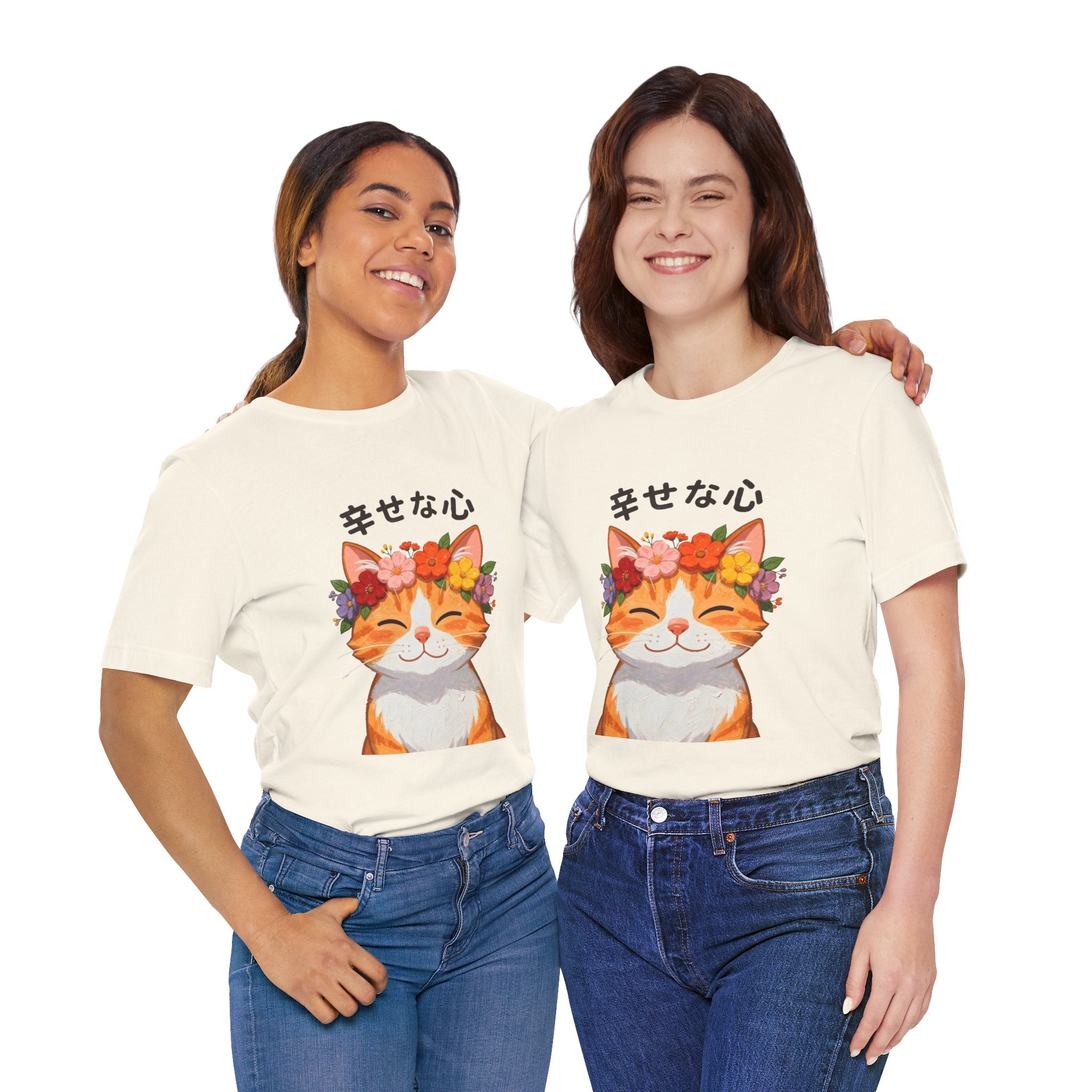 Happy Cat T-Shirt — Smiling Ginger Cat with Flower Crown (Japanese “幸せな心”)