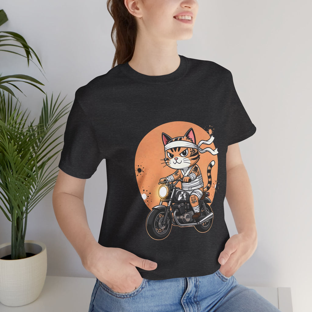 Retro Biker Cat T‑Shirt — Cute Motorcycle Cat Graphic Tee
