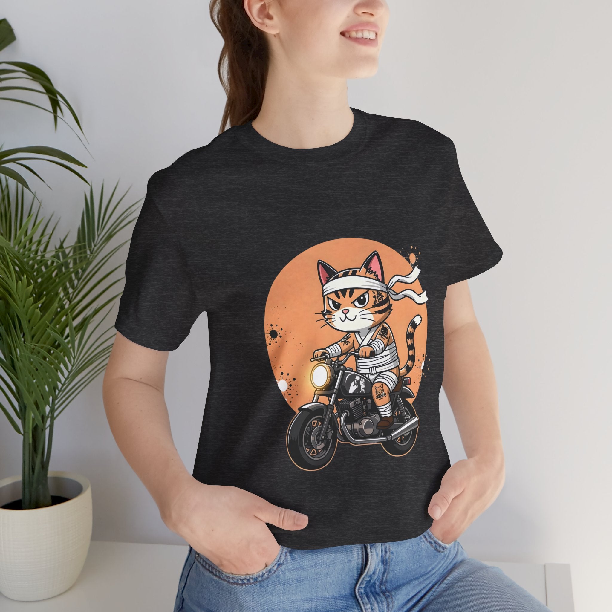 Retro Biker Cat T‑Shirt — Cute Motorcycle Cat Graphic Tee