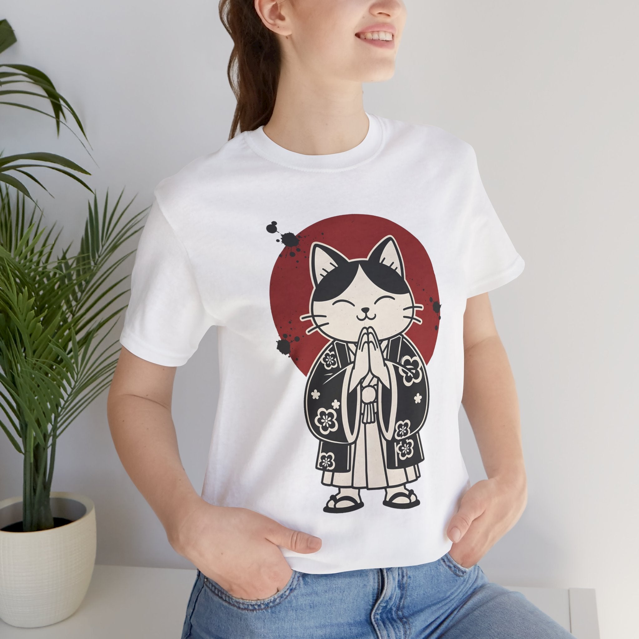 Samurai Cat T‑Shirt — Cute Praying Cat with Red Sun Graphic