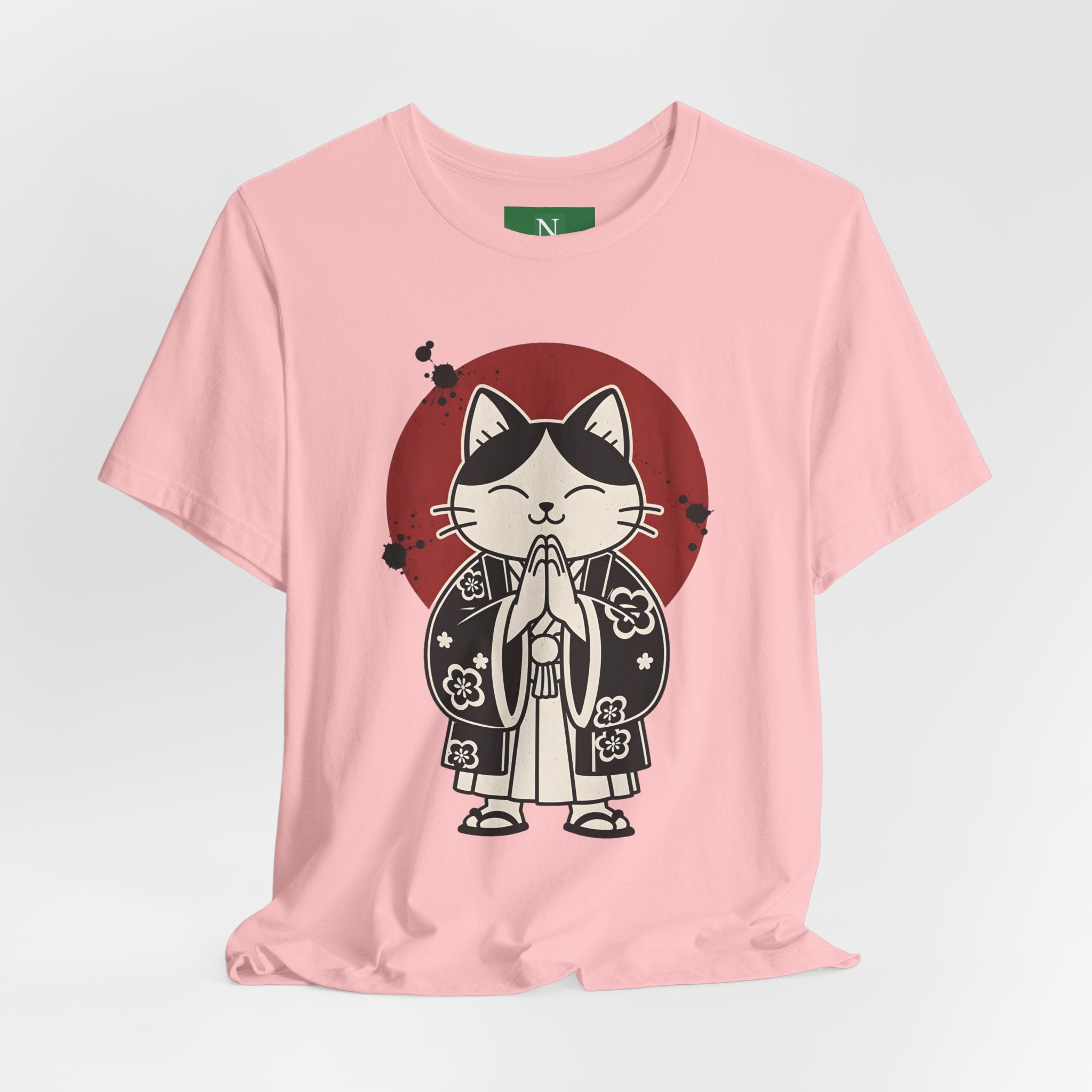 Samurai Cat T‑Shirt — Cute Praying Cat with Red Sun Graphic