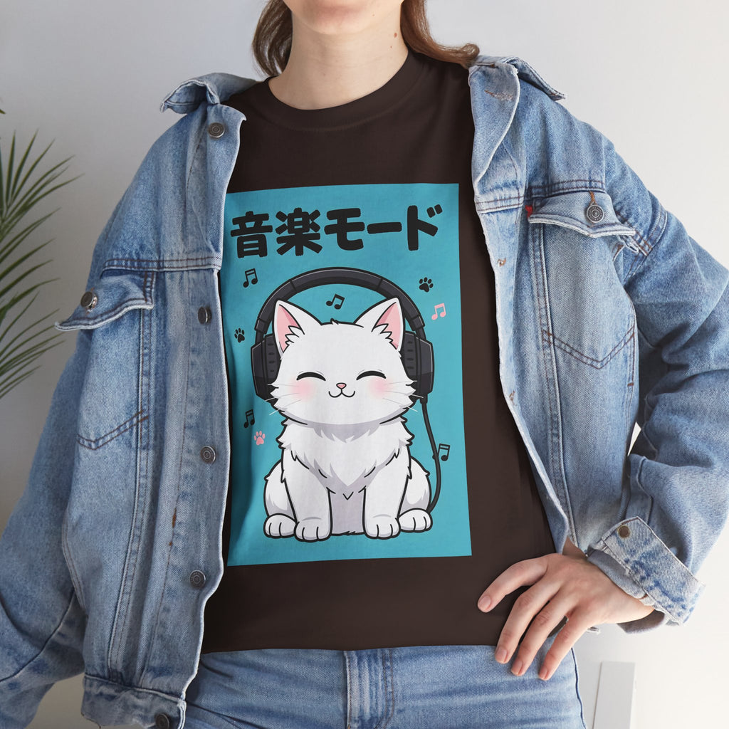 Music Mode Cat T-Shirt — Cute Headphone Kitten Tee (Japanese Text)