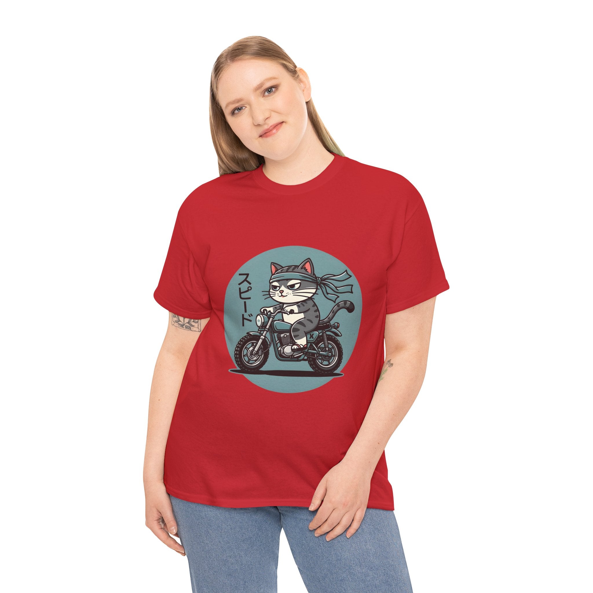 Cat Biker T‑Shirt — Retro Motorcycle Cat with Japanese “Speed” Text