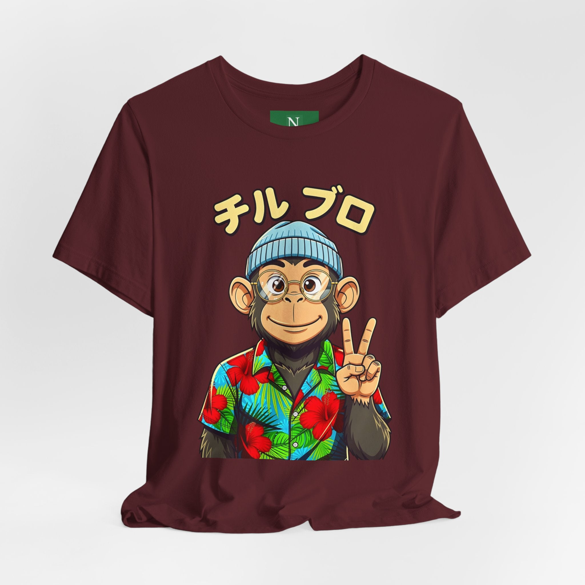 Monkey Peace Sign Tee — Hawaiian Shirt Chimp Graphic with Japanese Text