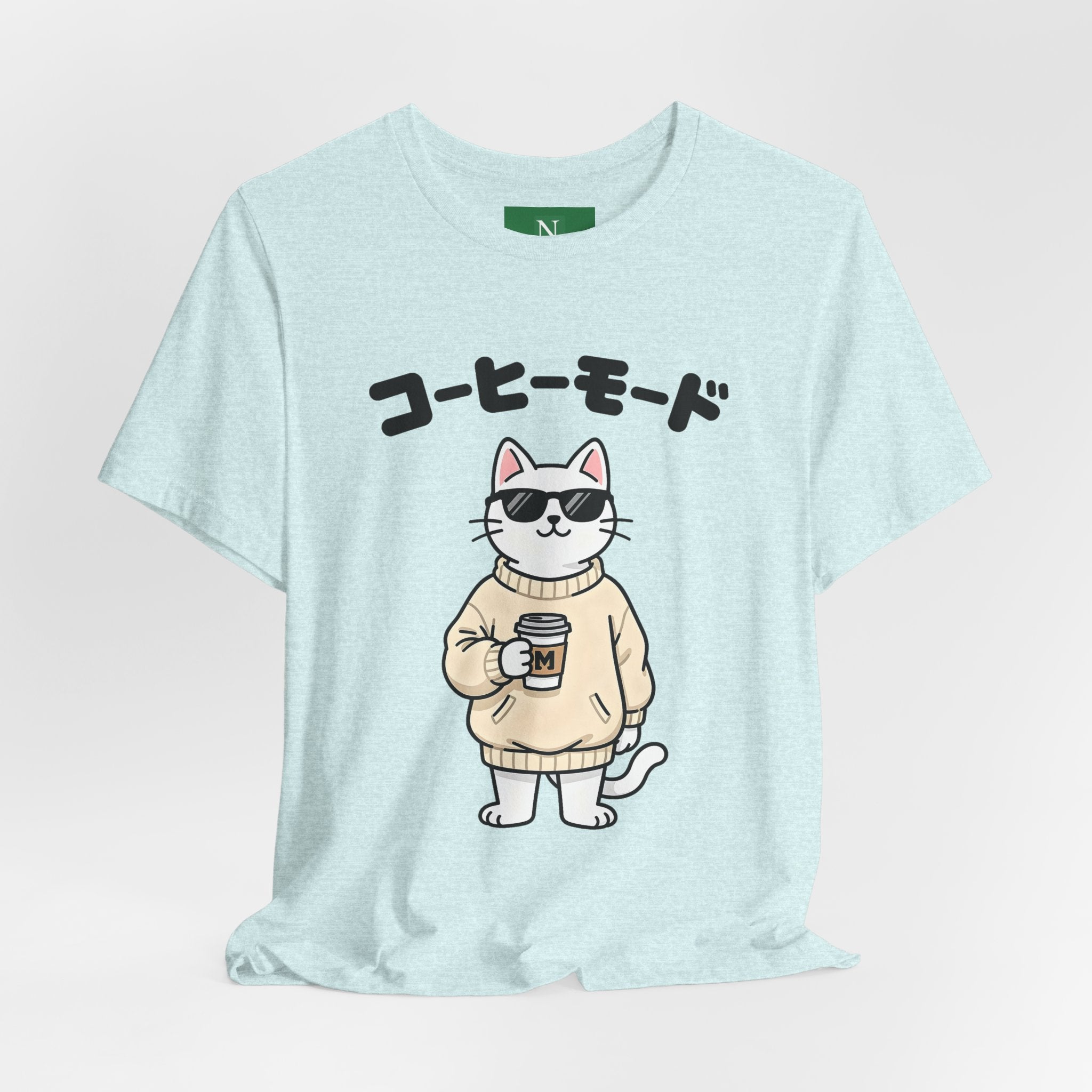 Coffee Mode Cat Tee — Cute Japanese Cat Holding Coffee T-Shirt