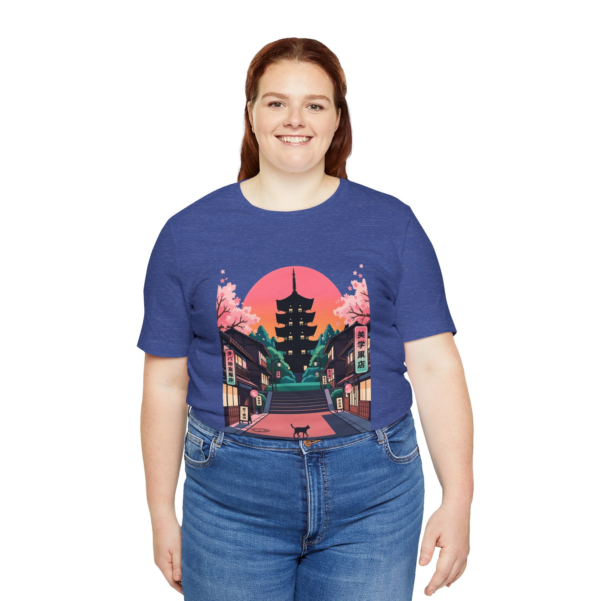 Japanese Pagoda Sunset Tee — Sakura Street Cat Graphic T-Shirt