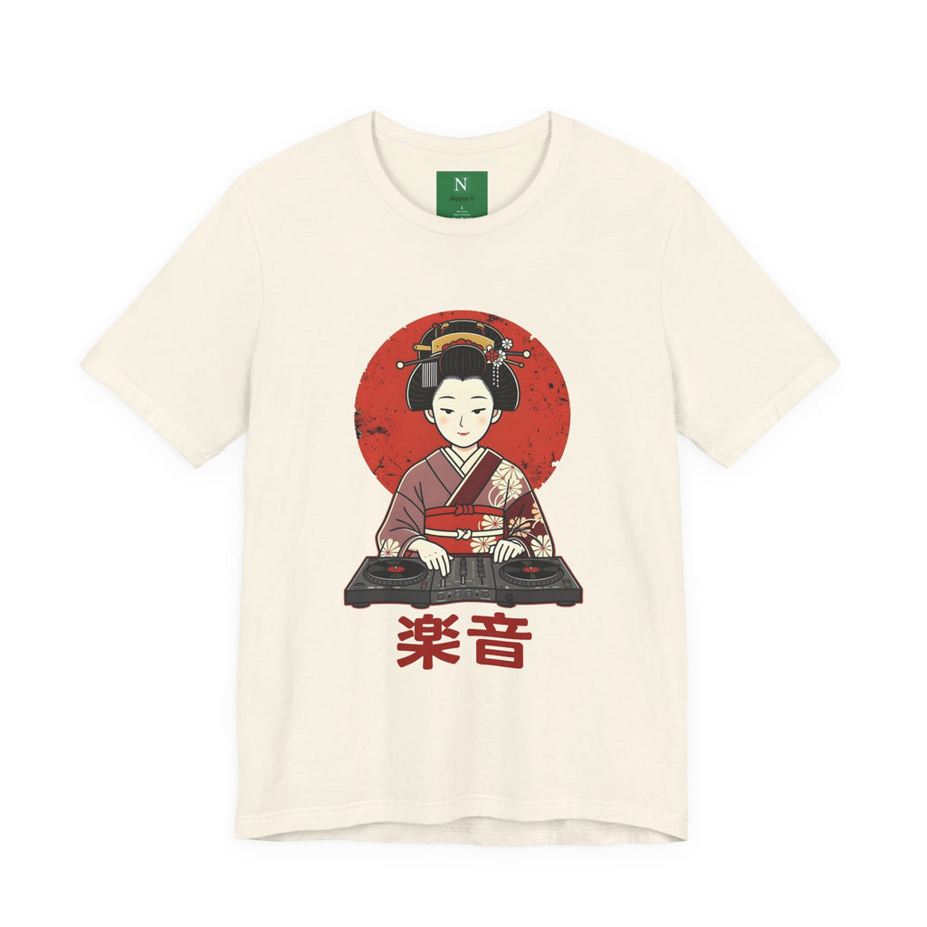 Geisha DJ T-Shirt — Japanese Vinyl Turntable Tee with '楽音' (Music) Design