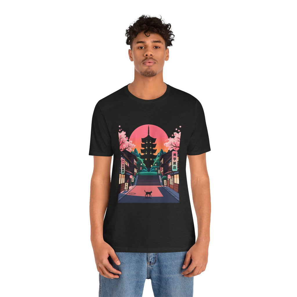 Japanese Pagoda Sunset Tee — Sakura Street Cat Graphic T-Shirt