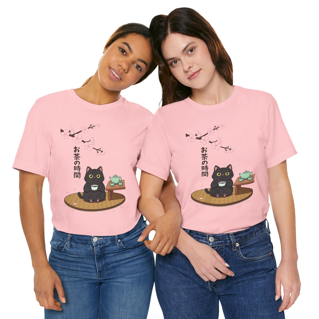 Cat Tea Time T-Shirt — Kawaii Black Cat with Sakura and Teapot