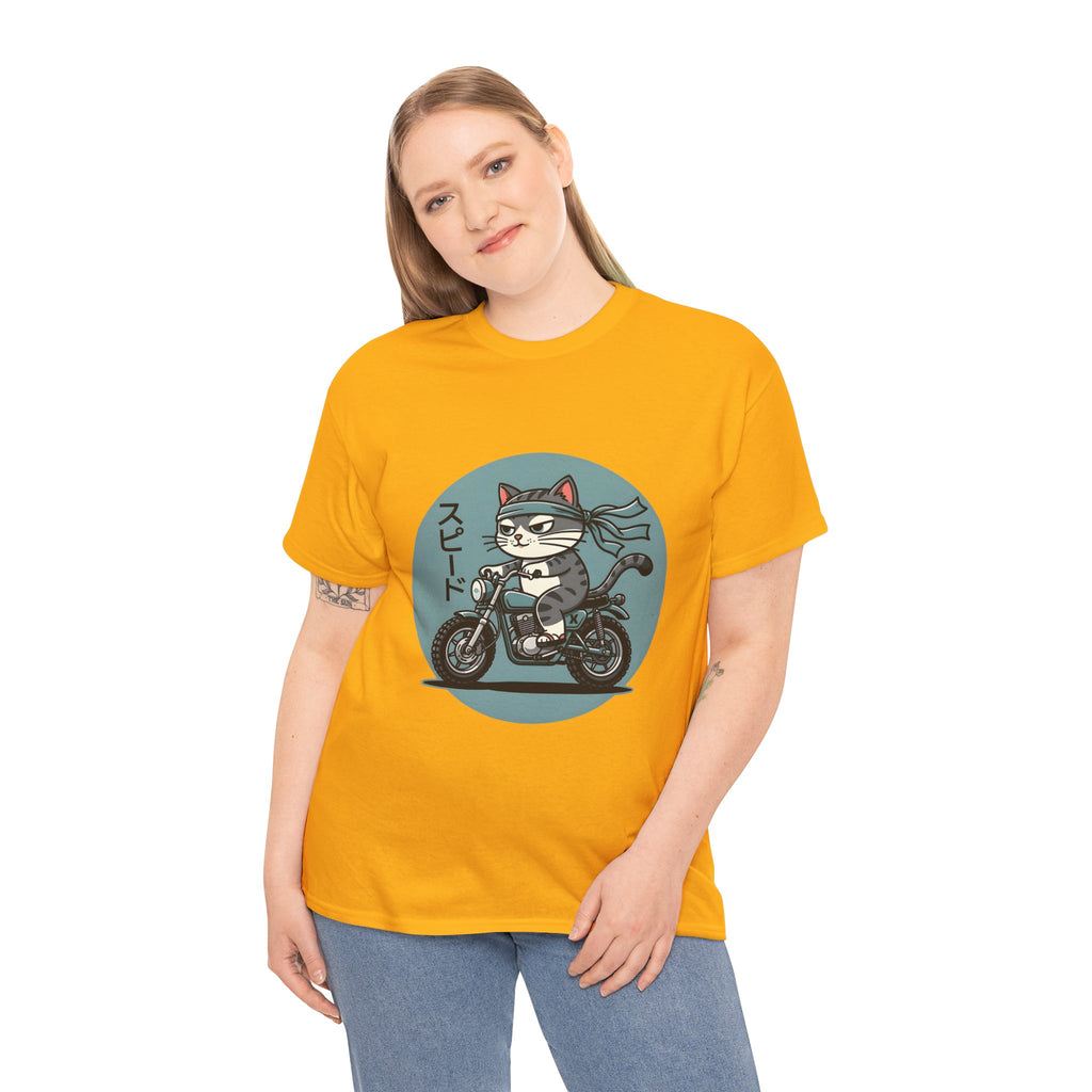 Cat Biker T‑Shirt — Retro Motorcycle Cat with Japanese “Speed” Text