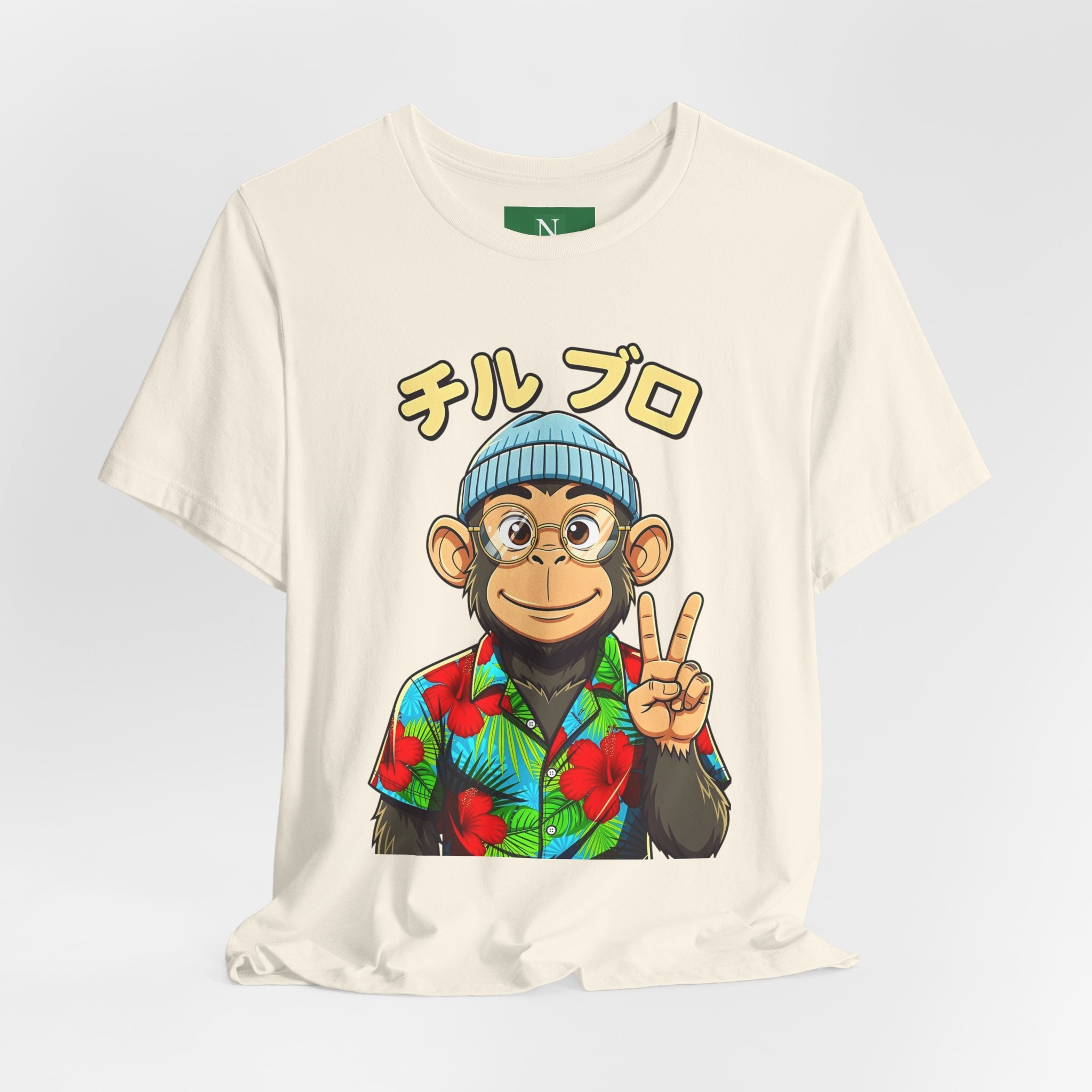 Monkey Peace Sign Tee — Hawaiian Shirt Chimp Graphic with Japanese Text