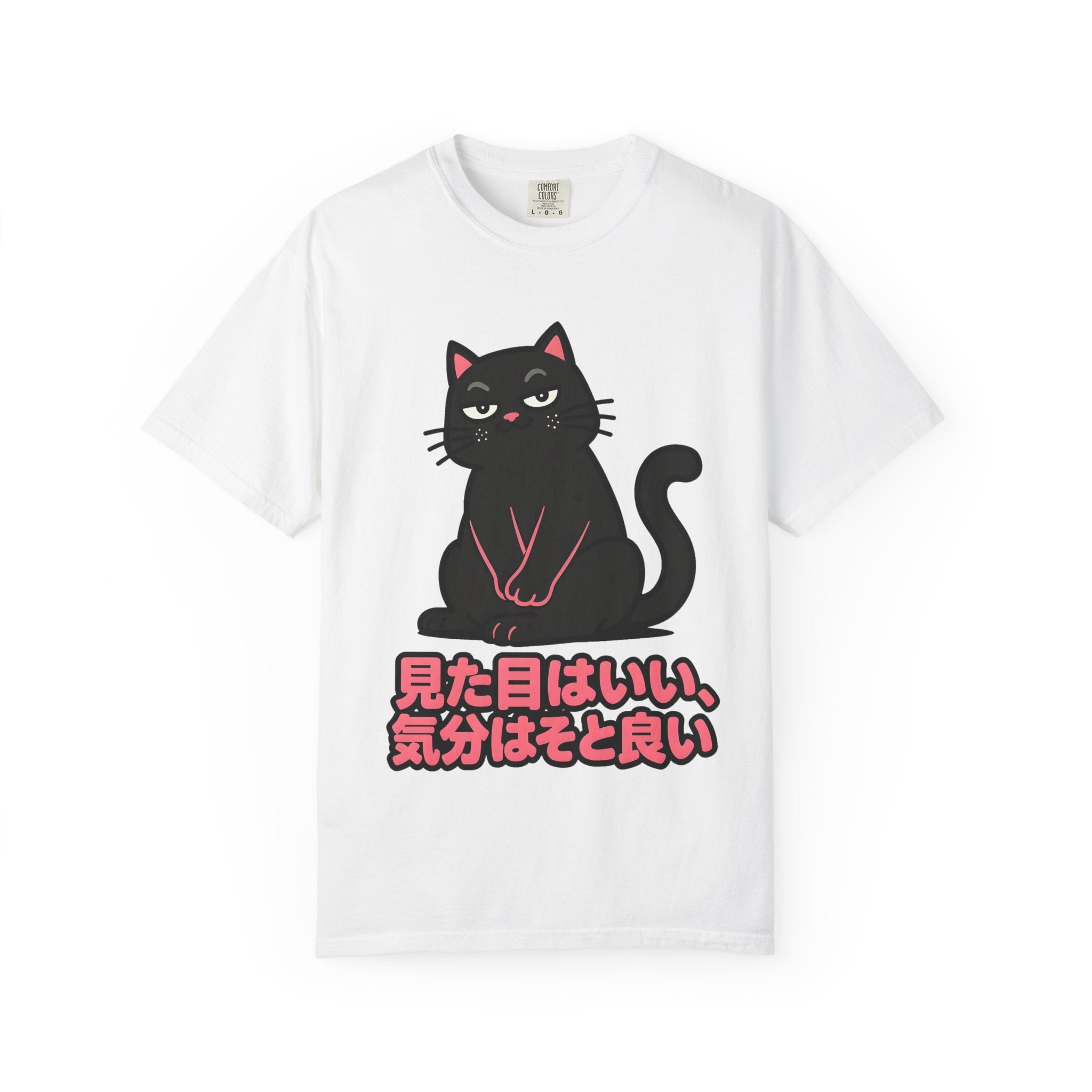 Cat Graphic T-Shirt — Black Cat with Japanese Text (見た目はいい、気分はそと良い)